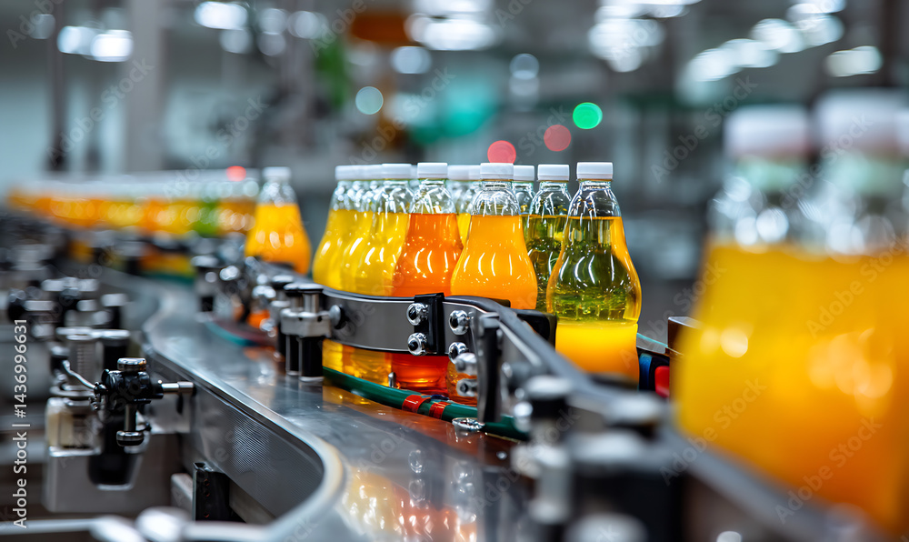 Poster Efficient production line of colorful beverages with diverse fruit juices in bright bottles ready for distribution : Generative AI