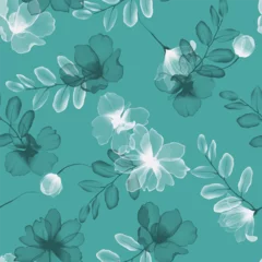 Fototapeten Floral seamless pattern features translucent flowers and leaves on a teal background. The flowers and leaves have a painterly, slightly abstract quality © momosama