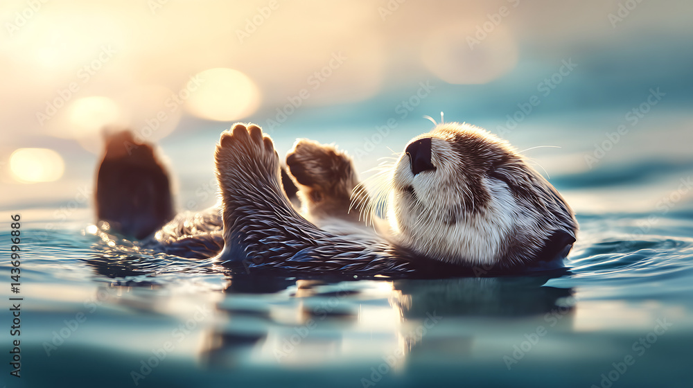 Poster adorable otter floating on water under soft sunlight creating a serene and peaceful nature scene : g