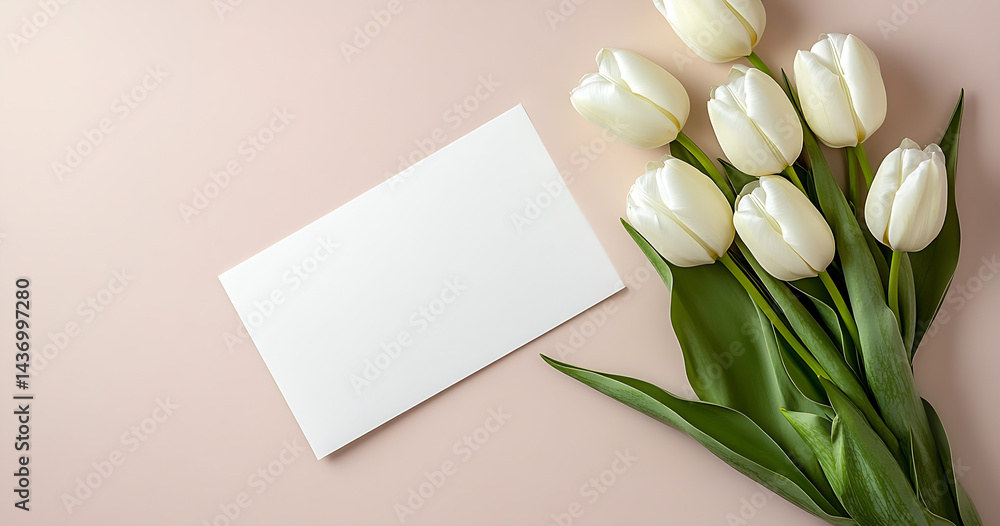 Poster elegant arrangement of white tulips beside a blank card on a soft pastel background for invitations 