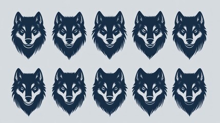 Ten wolf head illustrations, design elements, graphic background, vector art, for logos