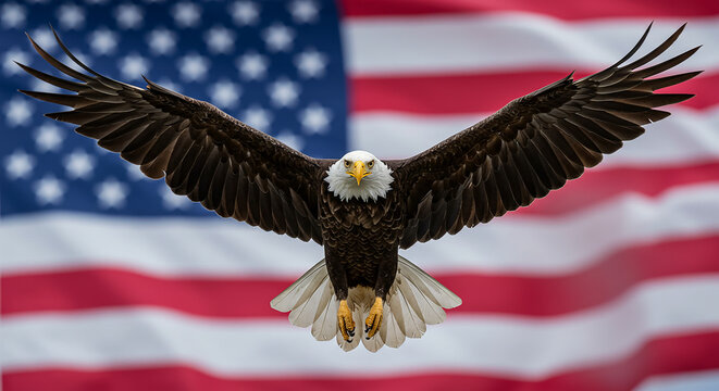 A bald eagle soars majestically against the backdrop of the american flag with wings spread wide open on transparent background