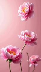 Fototapeta premium Elegant blooming peonies floating in the air over pink pastel, elegant, petals, soft color palette