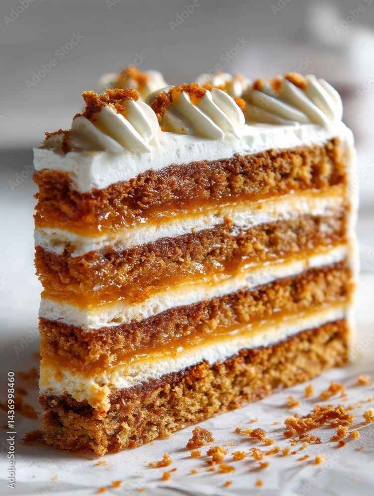 Poster slice of honey cake elegantly showcasing multiple layers and bright colors under natural light