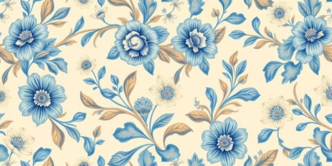 Obraz premium Elegant vintage blue & beige floral wallpaper seamless pattern , fabric, decoration