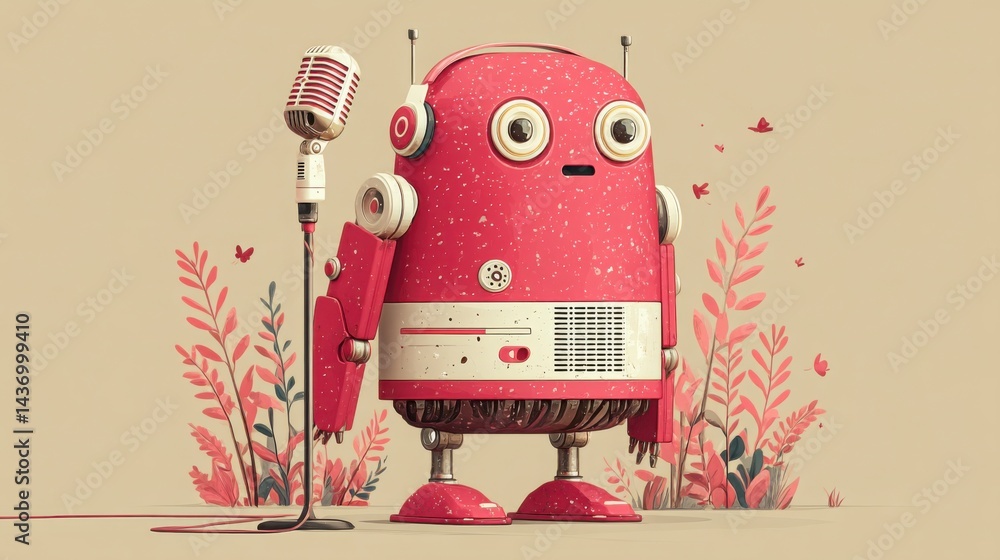 Poster robot holding a microphone with advanced technology representing the future of automated voice creat