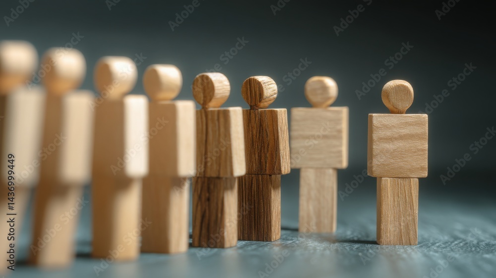 Poster group of wooden people figurines representing community and team dynamics in automated churn predict