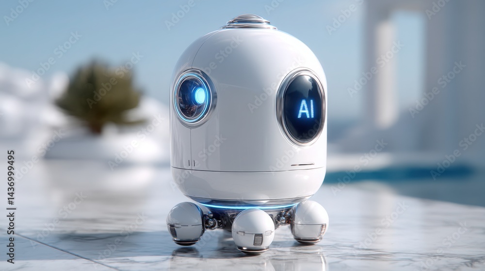 Poster robot sitting on table representing automated marketing trend radar icon concept for ai predictions 