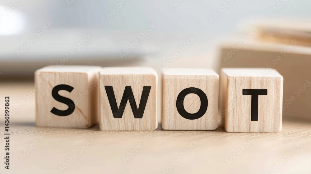 Poster wooden block spelling the word swot representing automated swot analysis concept for identifying str