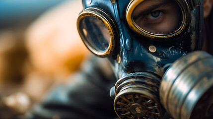 Intriguing Close-Up Portrait of a Person Wearing a Vintage Gas Mask : Generative AI