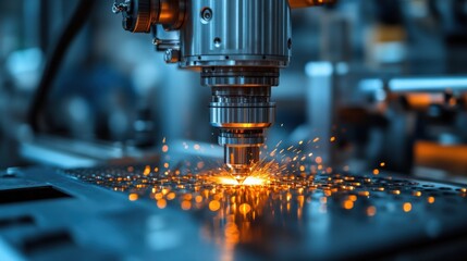 Close-up of a precision laser cutting machine creating sparks in a workshop environment (1)