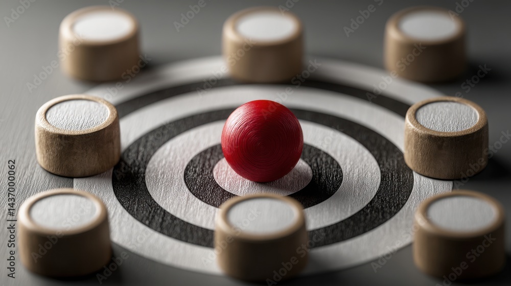 Poster red ball positioned in center of symbolizing alignment and connection between mission and product of