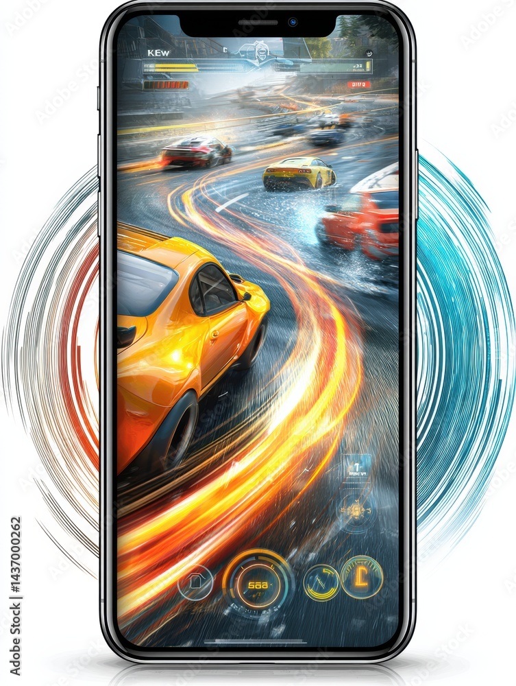 Poster high-performance gaming smartphone displaying thrilling racing game ui with vibrant motion trails an