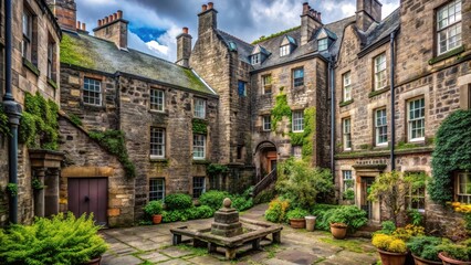Overgrown stone courtyard nestled between ancient Edinburgh buildings