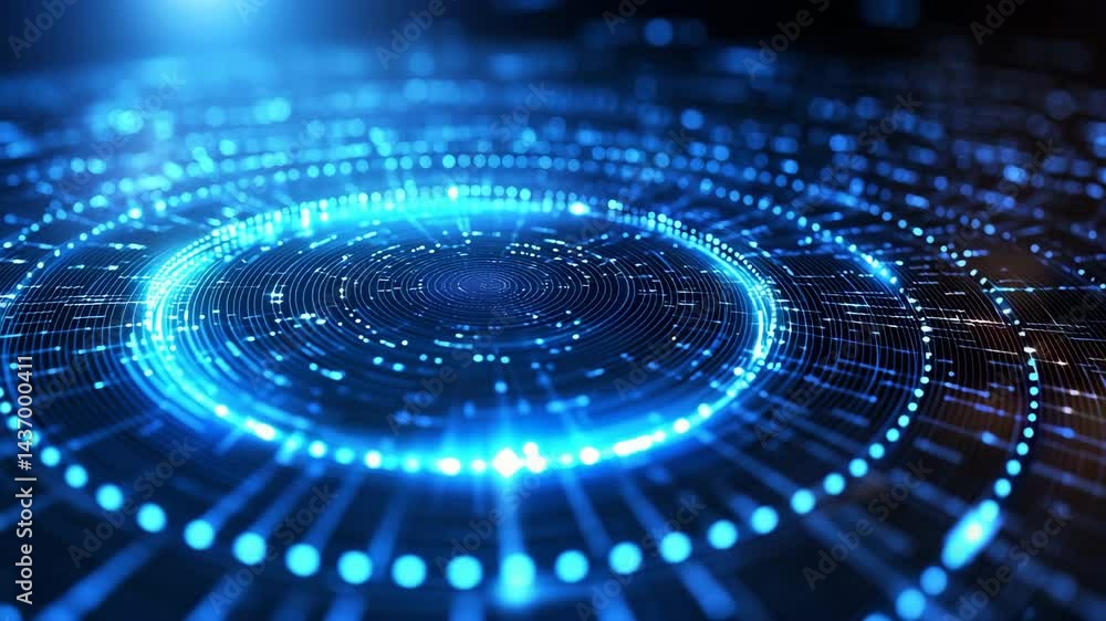 Poster blue circular digital pattern with light effects and technology elements