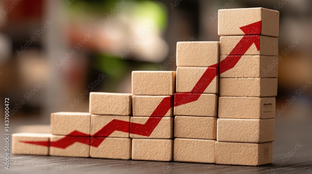 Poster stack of colorful blocks with a red arrow representing buy low sell high concept in financial tradin