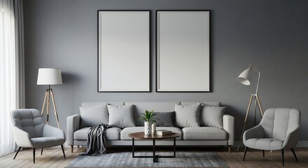Contemporary living space framed simulated visual vertical surface design rendered three dimensions featuring gray pale colored s design prints graphical s presentations simulated interior