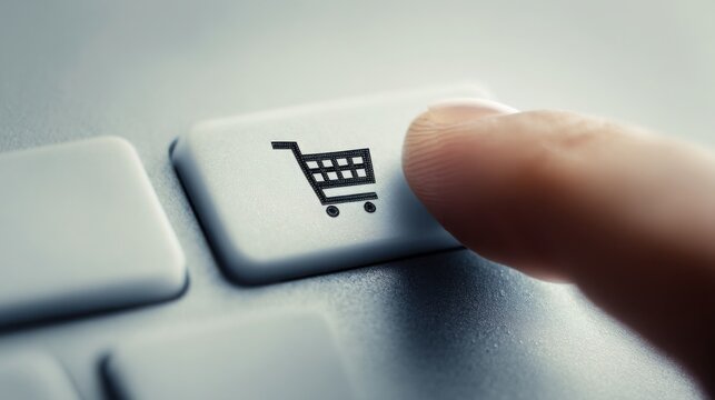 Hand pushing button on keyboard demonstrating buy again shortcut concept for one-click reordering process for past purchases