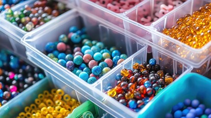 A small plastic box holding various beads and jewelry-making supplies.
