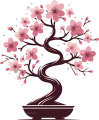 Cherry Bonsai Tree Vector. Elegant Pink Cherry Blossom Bonsai Tree Illustration