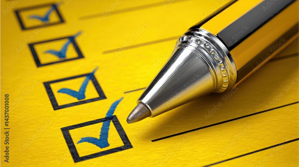 Poster close-up of pen resting on a checklist with focus on checkout form optimization icon concept for use