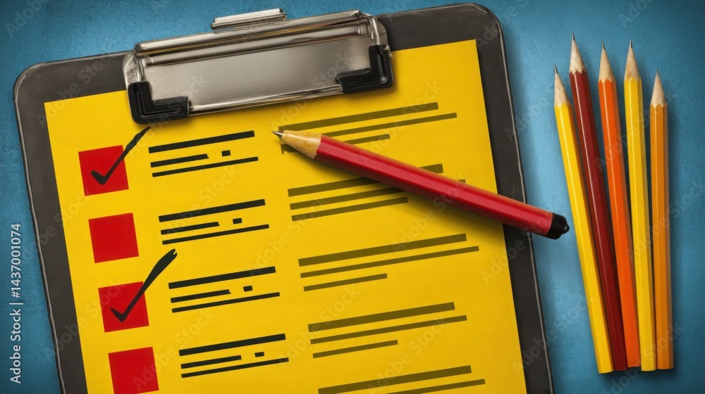 Poster clipboard with pencil and checklist paper illustrating checkout form optimization icon concept for t