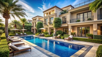 Fototapeta premium Luxurious townhouse with sprawling gardens and private pool in a gated community, luxury townhouses, private pools