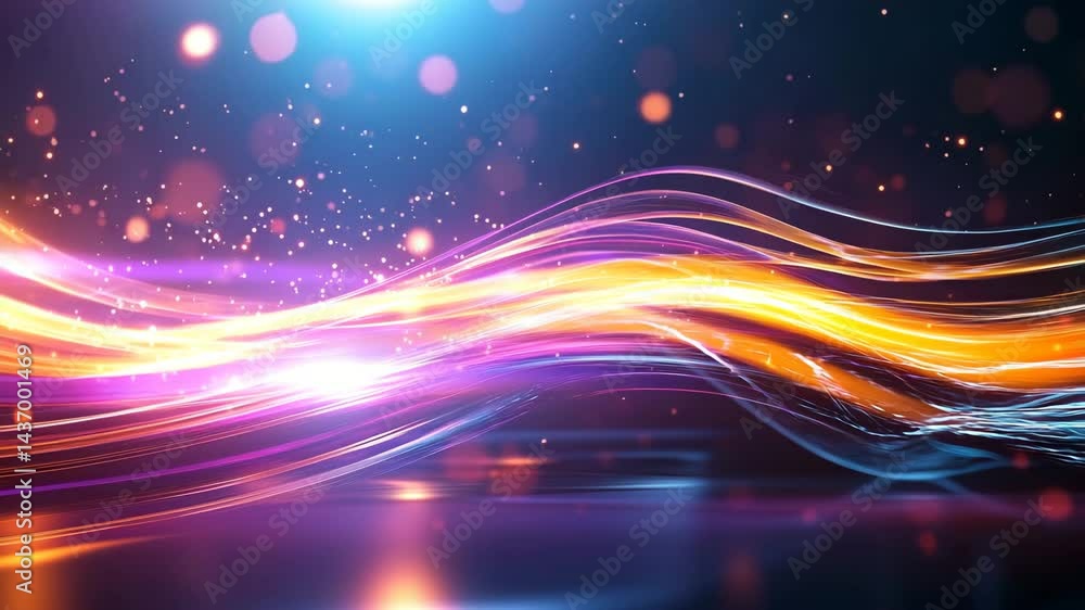 Poster abstract light waves with colorful bokeh effect in dark background