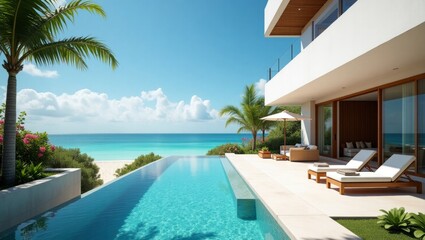 Fototapeta premium Stunning pool at luxury beach house featuring modern exterior design and inviting spaces for relaxation with gorgeous ocean views