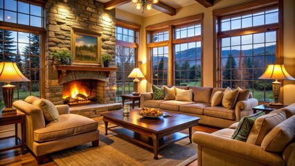 Fototapeta premium Warm and inviting living room with a crackling fireplace, surrounded by plush couches, floor lamps, and a large window with a view of nature, soft lighting, fireplace