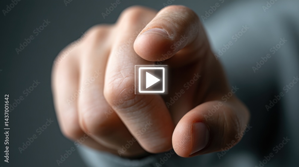 Poster hand pointing towards video player highlighting clear call-to-action button icon concept for user en