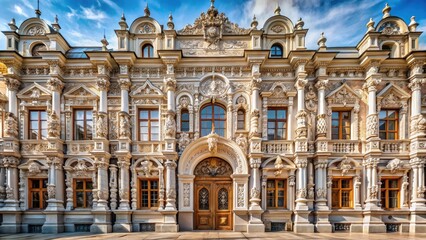 Obraz premium Grandiose facade of the palace with intricate stone carvings and ornate details , Russo-orthodox, grandiose
