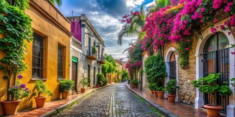 Fototapeta premium A tranquil cobblestone street in the historic Colonial Zone of Santo Domingo, lined with old buildings and adorned with lush greenery and vibrant flowers , cobbled streets, colonial architecture