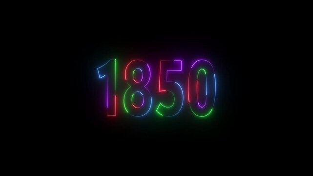 1850 neon line text. Abstract 1850 neon text animation ,For neon color Glowing neon number text background 4k video animation . 1850 title metal text on black alpha channel background.