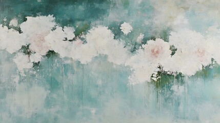 Abstract Teal and White Floral Painting, Modern Art Canvas Texture