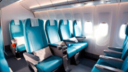 Fototapeta premium blurred airplane seats, interior inside a passenger plane, economy class, with blurred airplane seats background