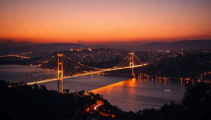 City skyline at dawn with bridge