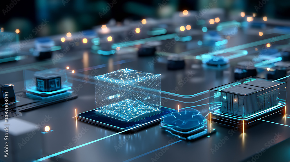 Poster Futuristic digital architecture with glowing circuits and data structures on a sleek technology surface : Generative AI