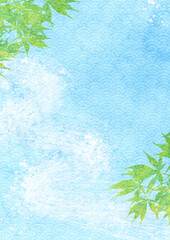 新緑がさわやかな水辺の水彩風和風背景