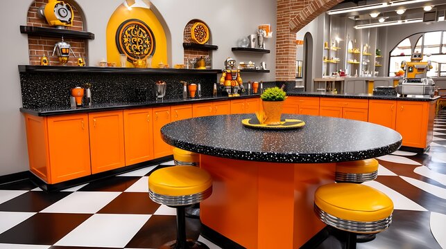 A modern kitchen with orange cabinets, a black countertop, and a round table with yellow stools