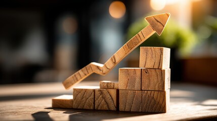 Wooden block with arrow illustrating earnings growth forecast and future projections in financial strategy