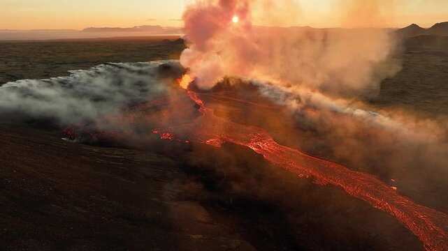 Volcano Eruption, Flowing Red Hot Lava Erupts from Crater, Incredible Natural Phenomena, Spectacular Dramatic Scenery in Iceland