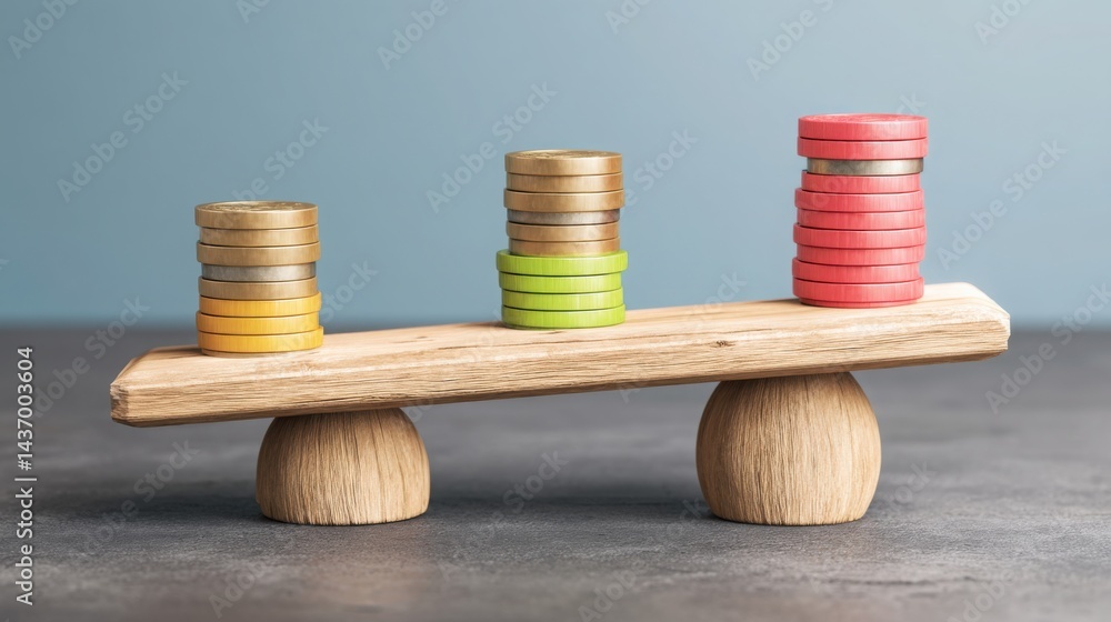 Poster wooden balance scale with coins representing earnings multiple analysis and the concept of comparing