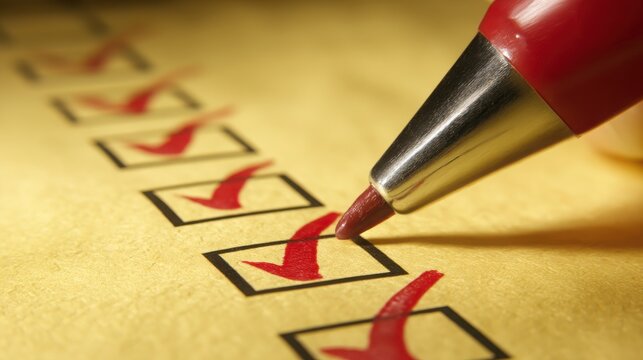 A close-up of a pen writing a check mark for earnings season checklist in preparation for financial evaluations