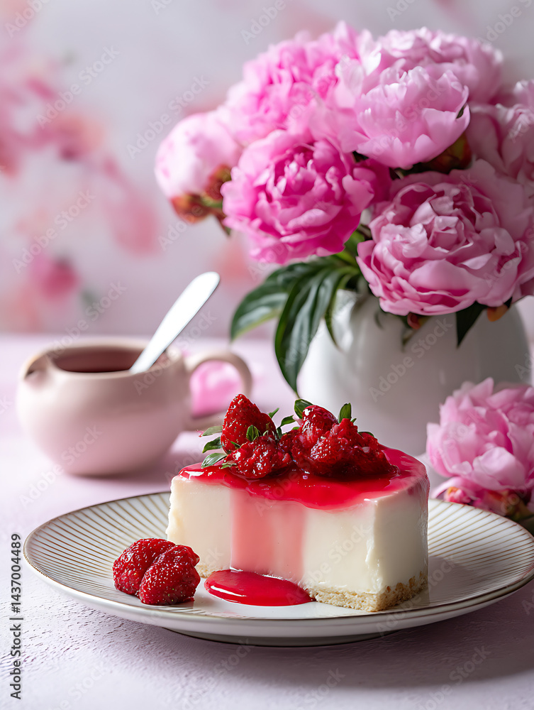 Poster Delicious cheesecake topped with strawberries and peonies creating a vibrant dessert display : Generative AI