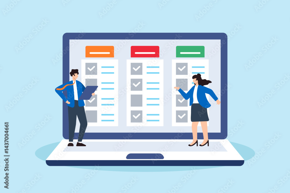 Fototapete flat illustration of task management team finish project efficiently on computer laptop business pla