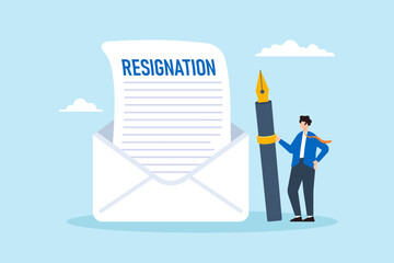 Flat illustration of professional businessman write resignation email with fountain pen career change quit job letter leave company