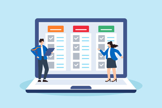 Flat illustration of task management team finish project efficiently on computer laptop business planning checklist completion schedule agenda