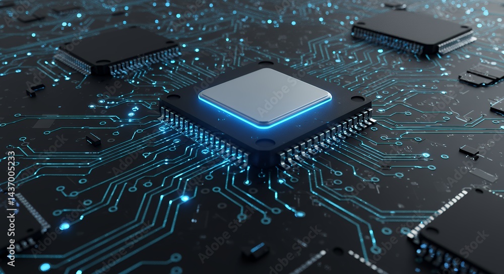 Poster examine detailed circuit board featuring intricate blue lines central chip processor representing ad