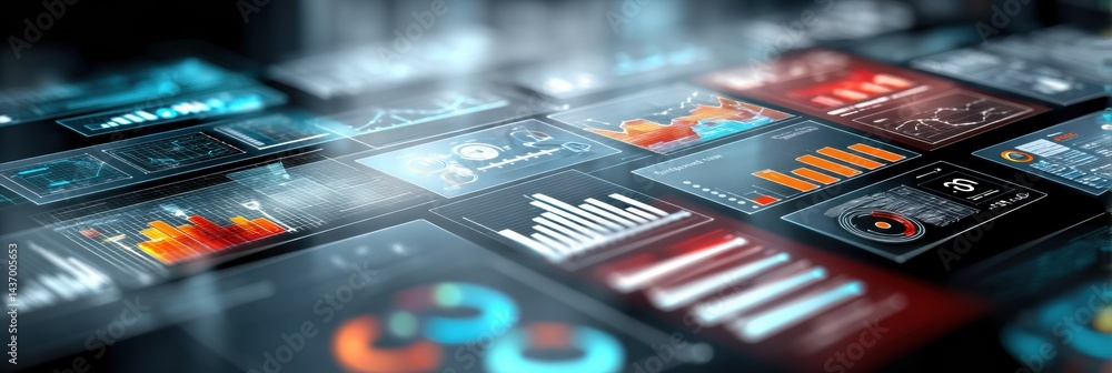 Poster floating marketing dashboard displaying analytics and metrics in a futuristic digital environment wi